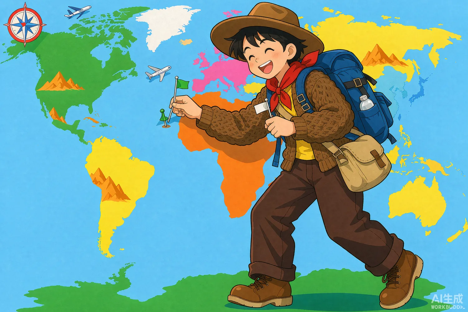 动漫示意图：角色在世界地图上插旗