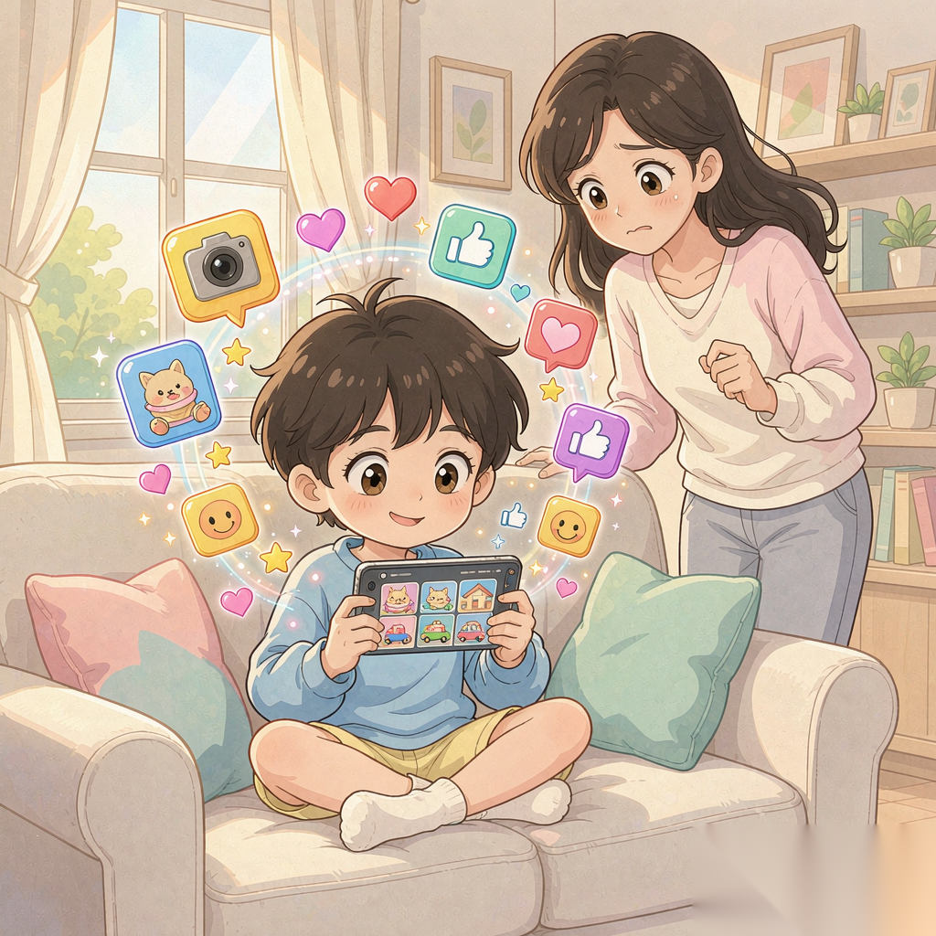 孩子沉迷刷手机 家长担忧 动漫插画