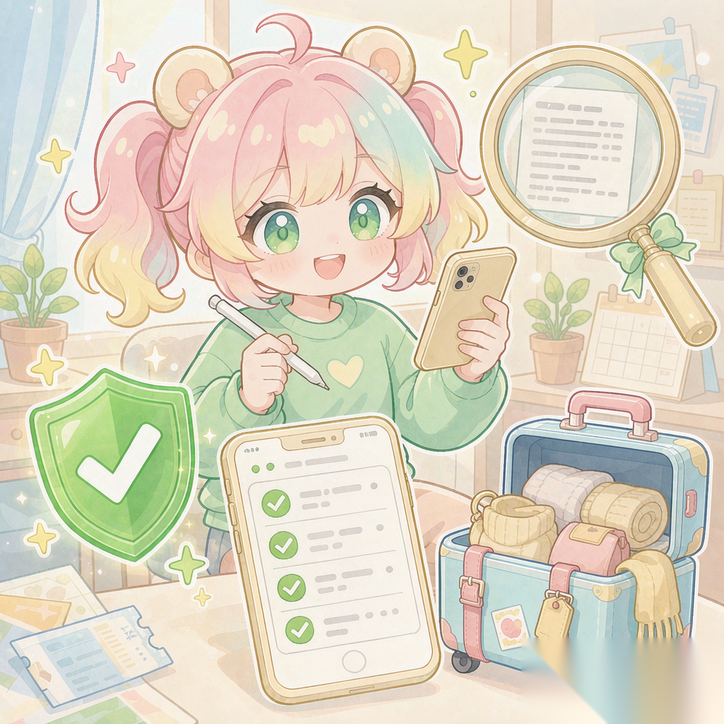 预订前逐项检查勾选框 核对退改规则 动漫插画