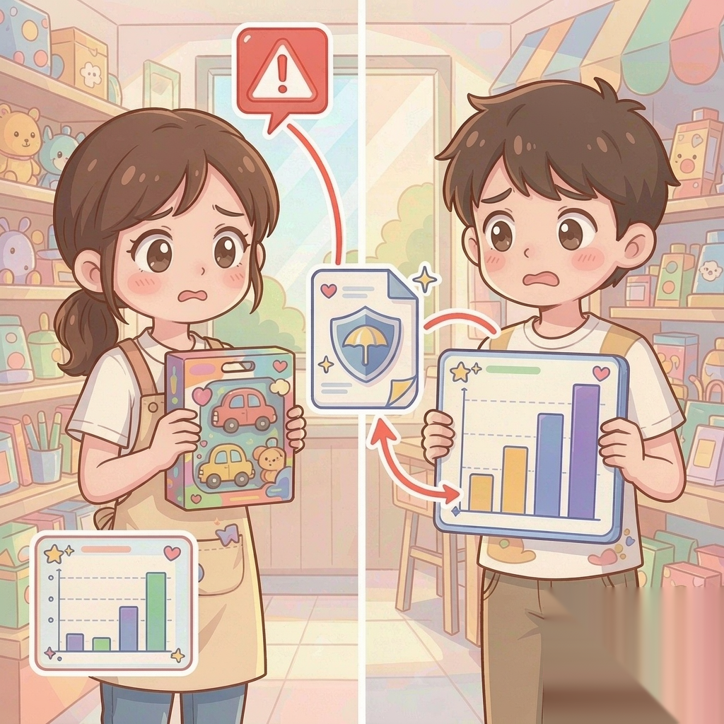 分屏对比:左侧儿童玩具小店主月销低但类目高危须投保,右侧月销过万卖家同样须投保的动漫插画